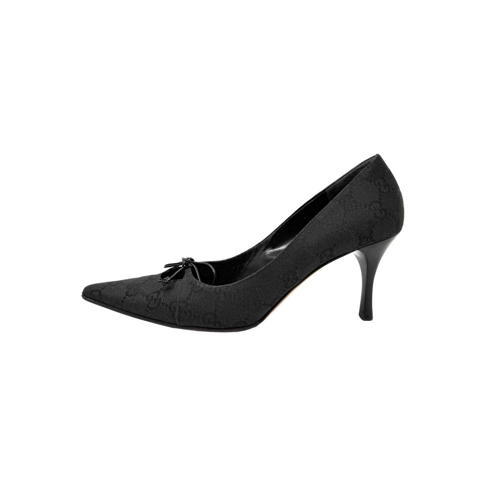 Vintage Gucci Y2K Black GG Monogram Canvas‎ Pointed Toe Pumps Bow Heels 6.5B